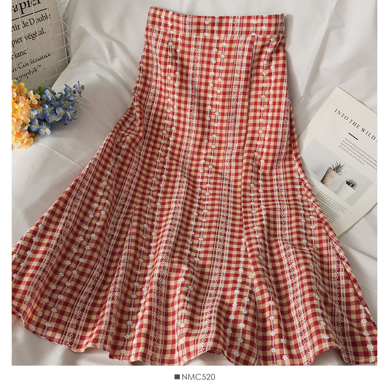 Sweet style print medium length high waist fishtail skirt  2638
