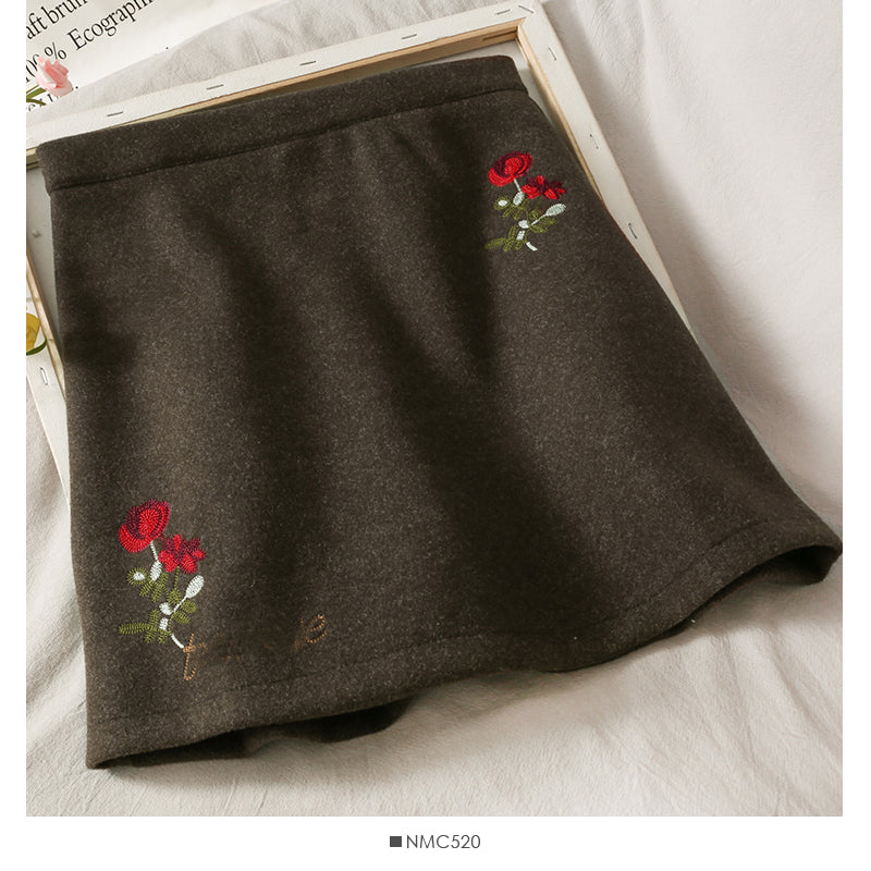 Sweet wind rose embroidered high waist thin woolen A-shaped skirt  2668