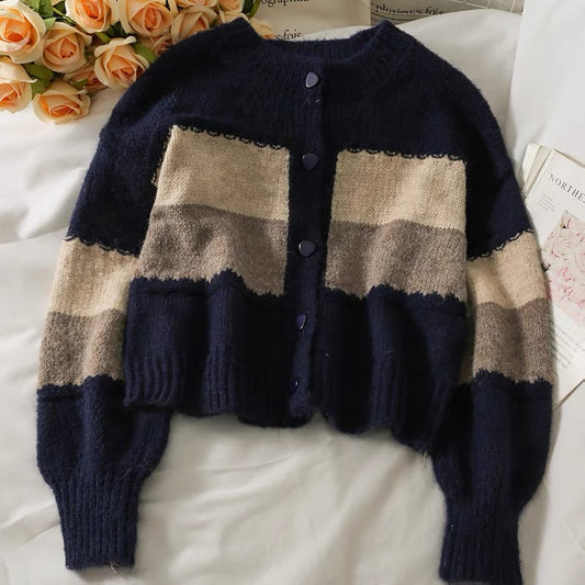 Cardigan en tricot à manches courtes et à boutonnage simple, pull patchwork de couleurs 1447
