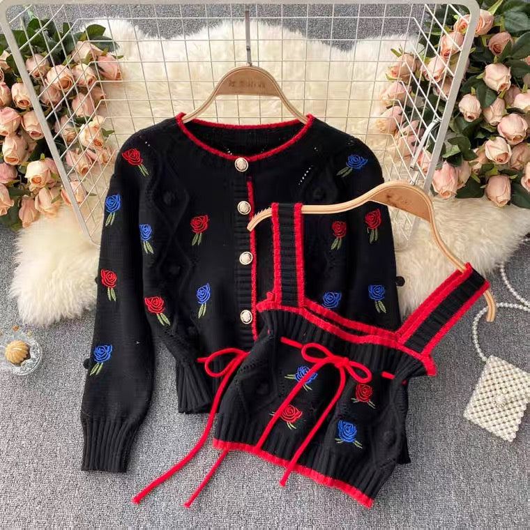 Cardigan en tricot, vintage, broderie de fleurs, pull ample à manches longues, haut à bretelles spaghetti à paragraphe court, doux deux ensembles 1339