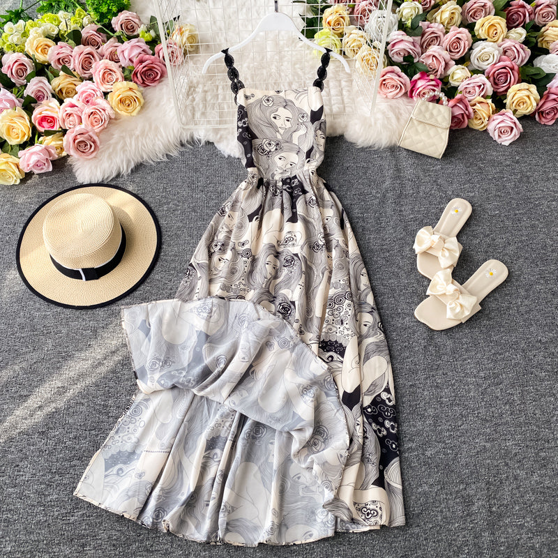 Robe sexy dos nu à bretelles imprimée à taille fine 3404