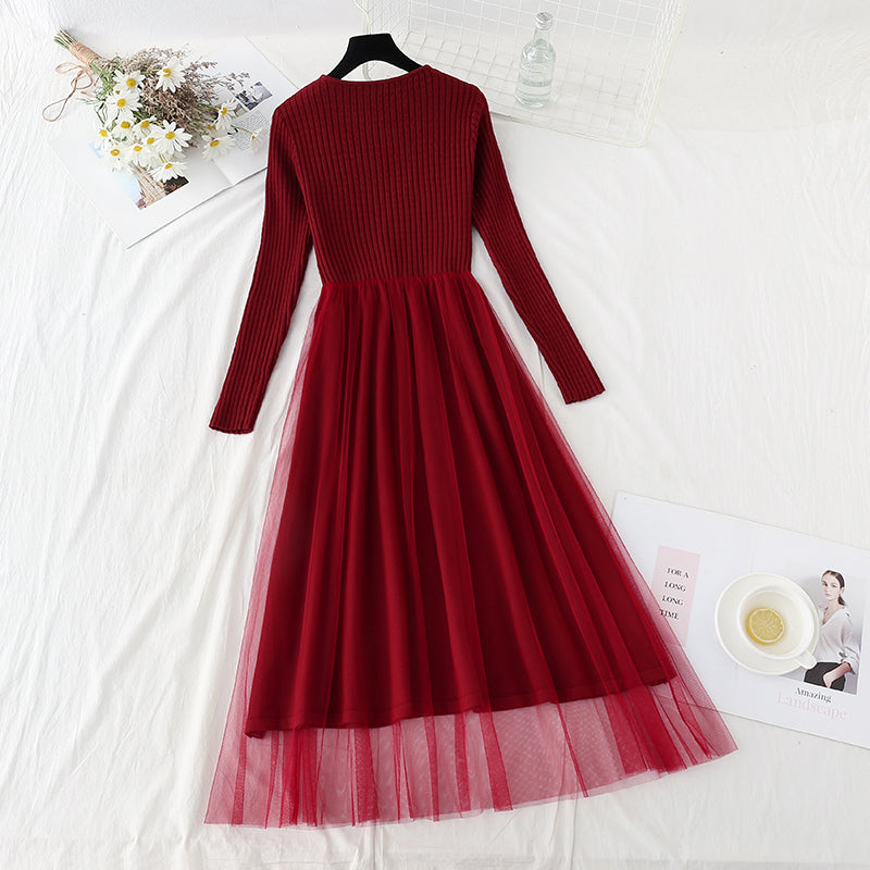 Slim waist with vintage mesh stitching, knee length sweater skirt  2406