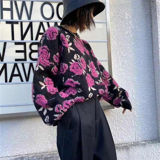 Nouveaux pulls à fleurs roses, tricots vintage amples et chauds 1436