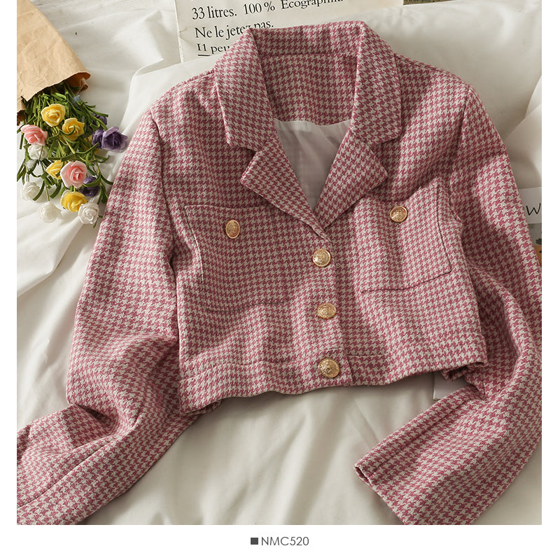 Korean retro thousand bird grid short single breasted jacket female  2099