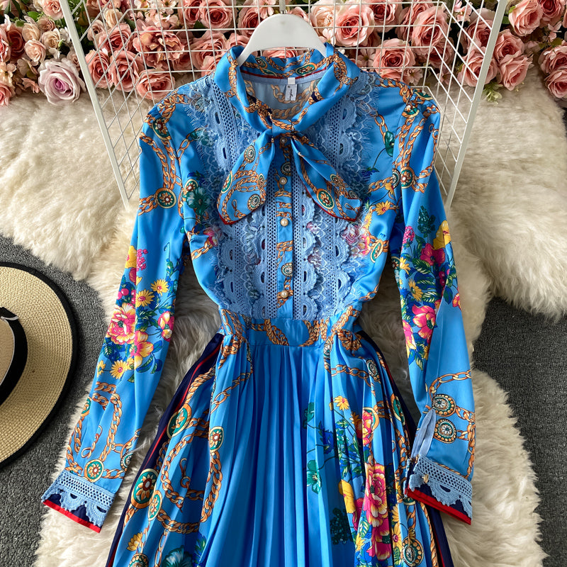 Robe plissée à imprimé nœud de style étranger de tempérament de célébrité 3167