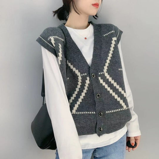 Gilet à simple boutonnage en treillis de diamant noir et blanc, gilet sans manches, gilet tricoté pull 1398