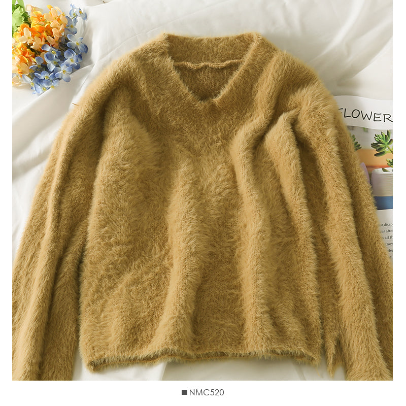 Pull ample et fin à col en V en peluche, haut polyvalent à manches longues coréen 1995