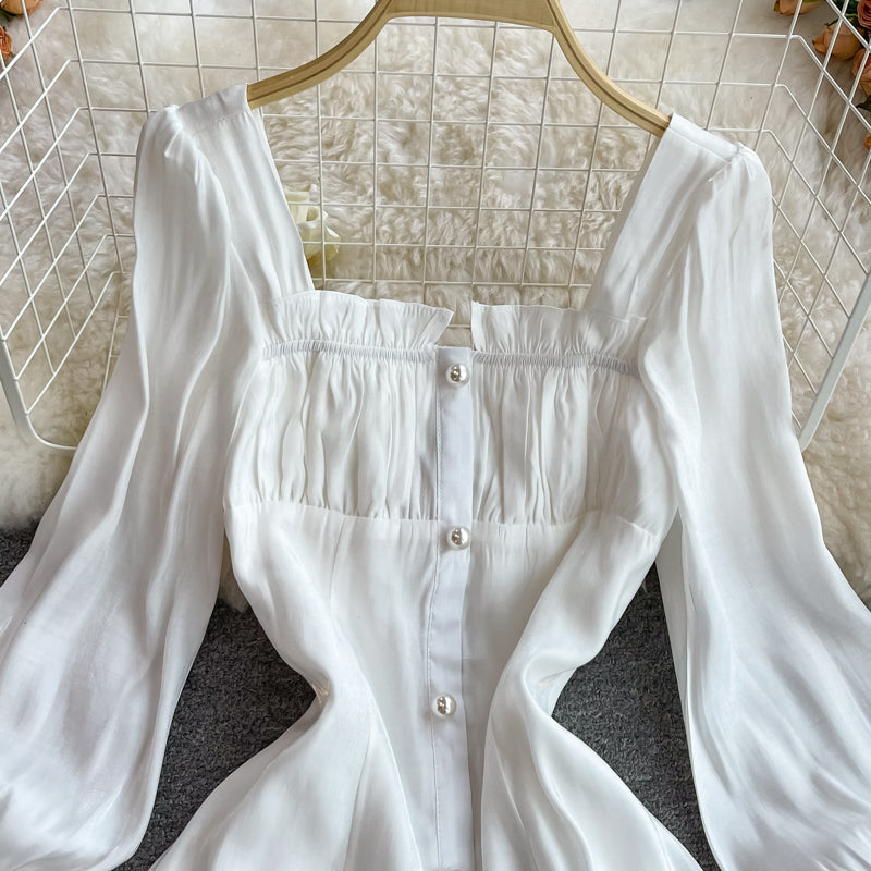 Robe taille haute à manches en mousse slim et col carré 3354
