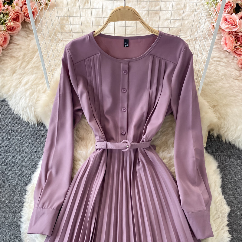 Robe plissée à col rond de tempérament de célébrité française 3341