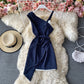 Robe trapèze sexy à bretelles irrégulières et à rayures cousues, coupe slim, épaules dénudées 2883