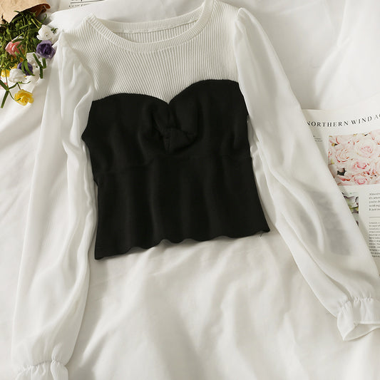Pull froissé slim de couleur contrastée Han Fan pour femme 1721