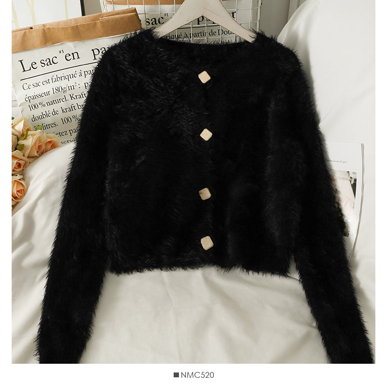 Pull col rond simple boutonnage à manches longues Pull col rond en peluche 1965
