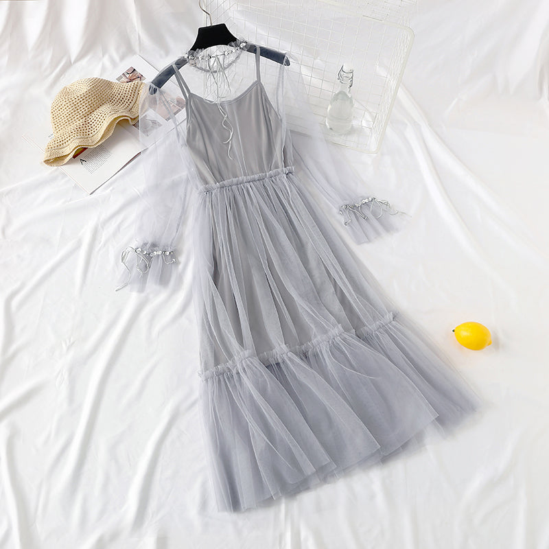 Mesh dress French elegant Sequin beaded lace up bottom skirt  2456