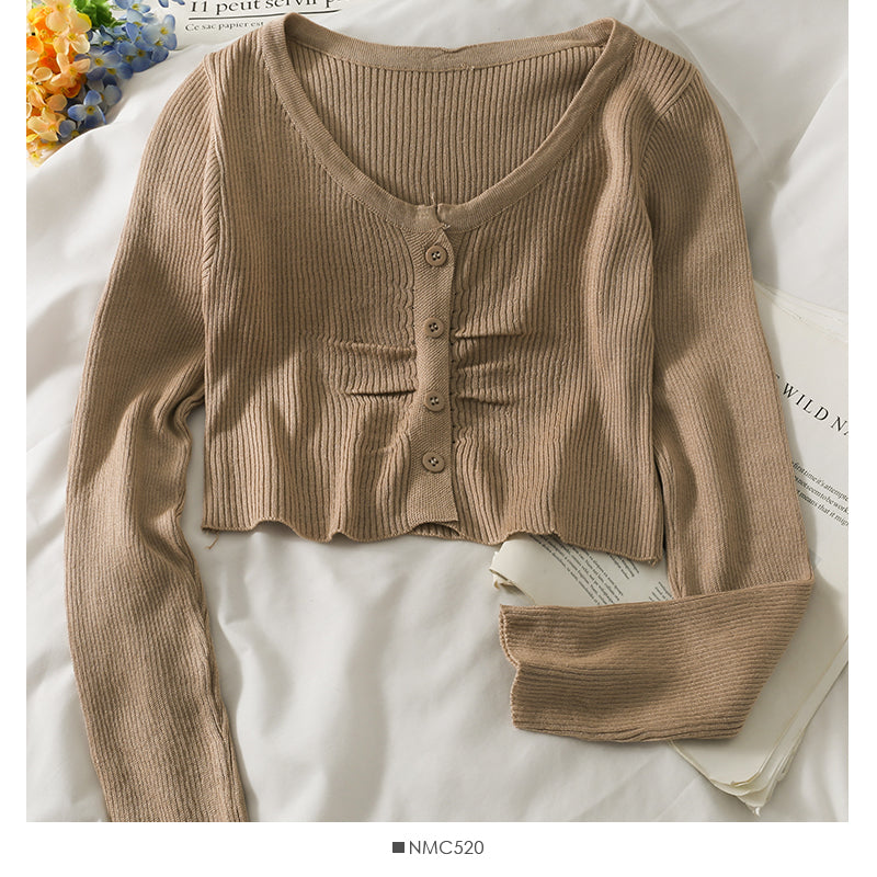 Haut à manches longues et boutonnage simple pour femme, nouveau tricot court et polyvalent, 1973