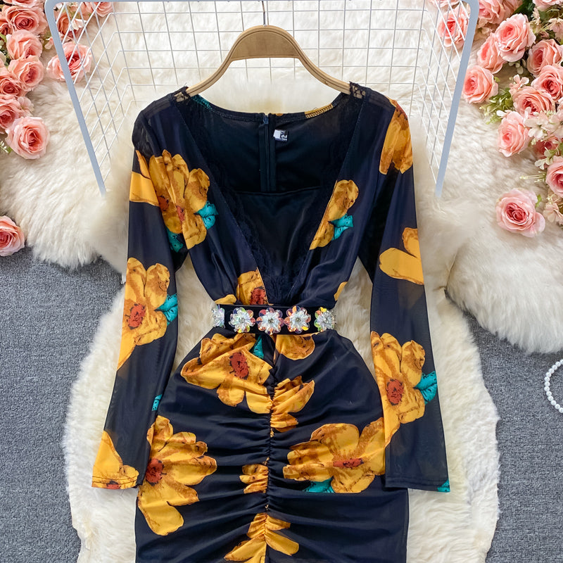 Robe portefeuille élastique sexy à col en V et imprimé 3248