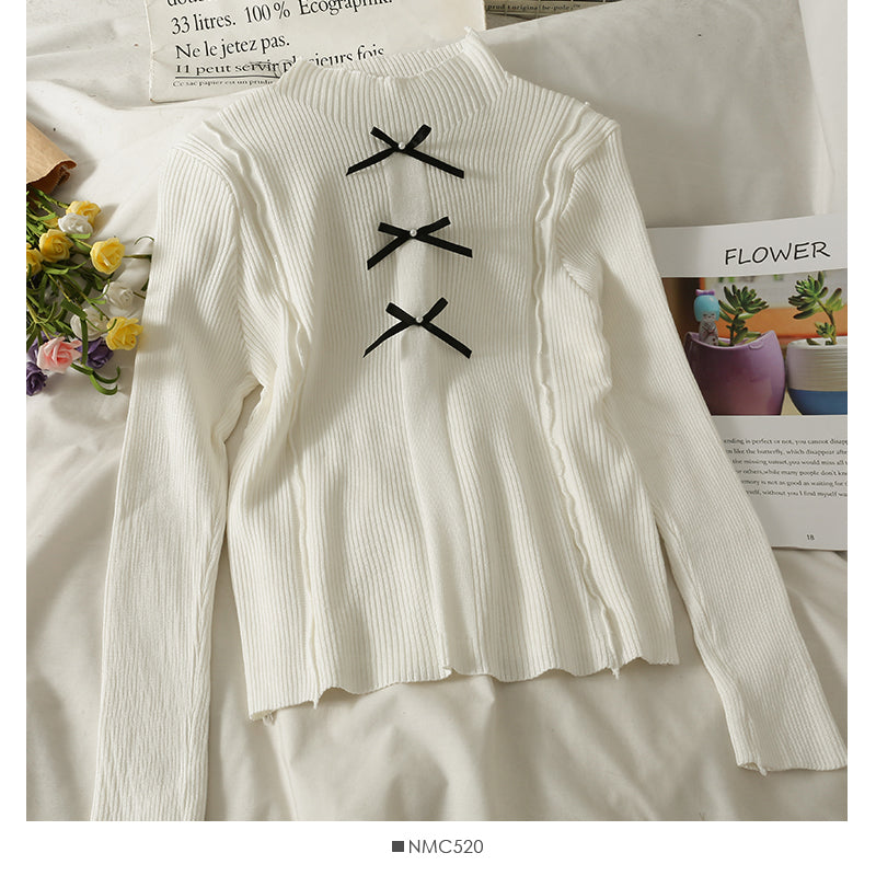 Pull col montant à perles décoratives avec nœud coréen pour femme 2053