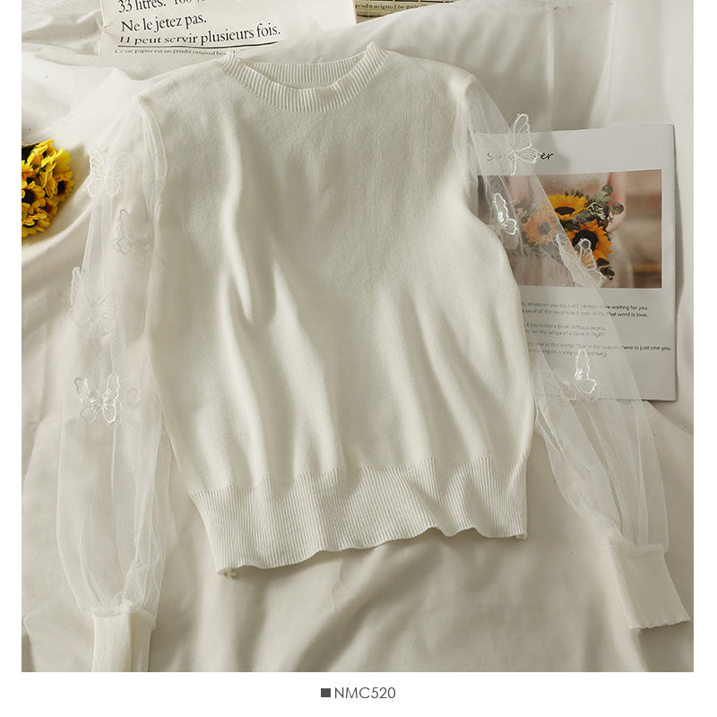 Pull à manches longues en maille cousue en trois dimensions avec motif papillon pour femme 2049