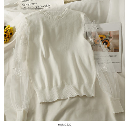 Pull à manches longues en maille cousue en trois dimensions avec motif papillon pour femme 2049