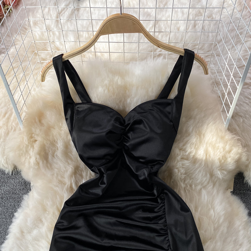 Leopard pleated waist slim split buttock dress  2757