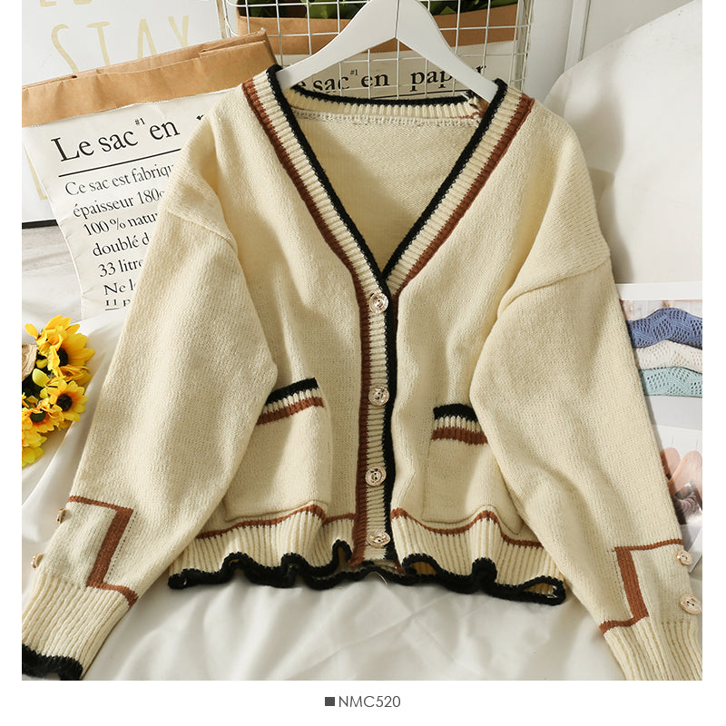Pull femme rayé col bas cardigan simple boutonnage sur le dessus 1984