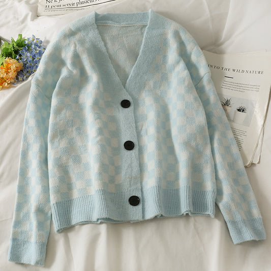 Cardigan à simple boutonnage, pull à carreaux, pull pour femme 1789