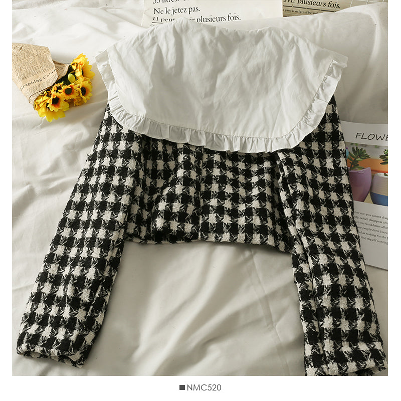 Splicing wooden ear edge doll neck long sleeve small coat for women  2113