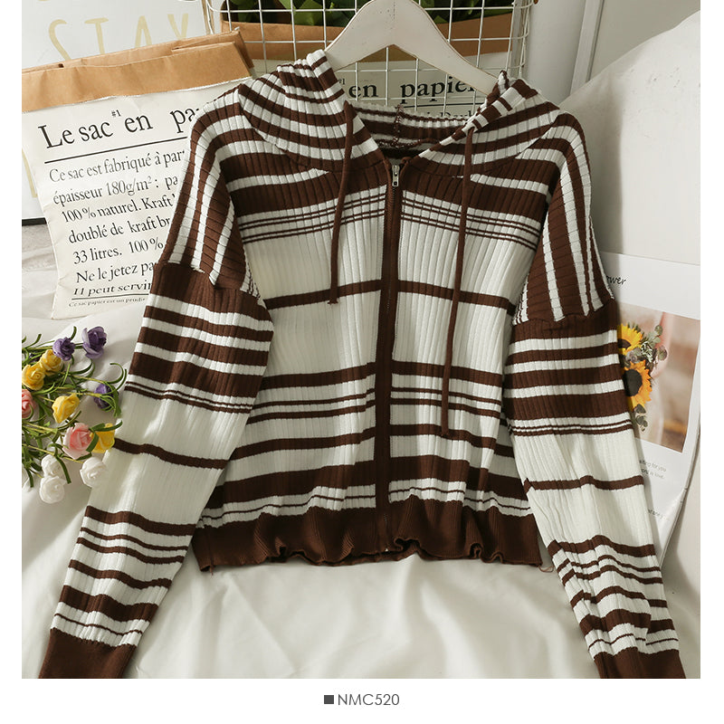 Cardigan à capuche avec cordon de serrage et fermeture éclair pour femme, pull fin à rayures coréennes, 2015