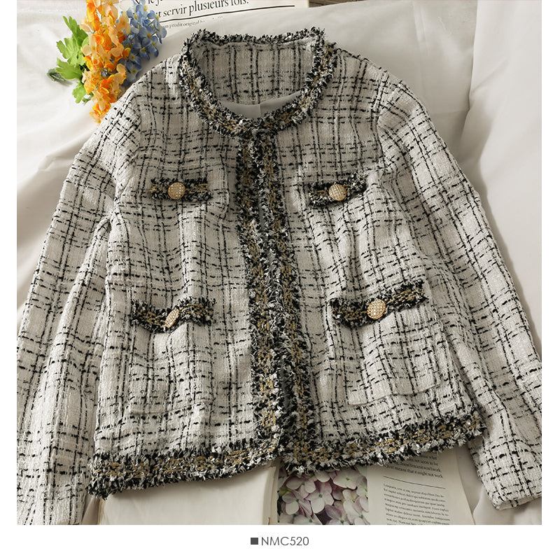 Manteau ample en tweed à carreaux pour femme, col rond, manches longues, soie brillante, laine, automne 2090