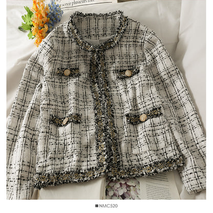 Manteau ample en tweed à carreaux pour femme, col rond, manches longues, soie brillante, laine, automne 2090