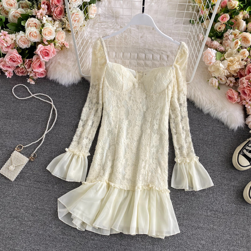 Lace patchwork Ruffle Dress flare sleeve  3285
