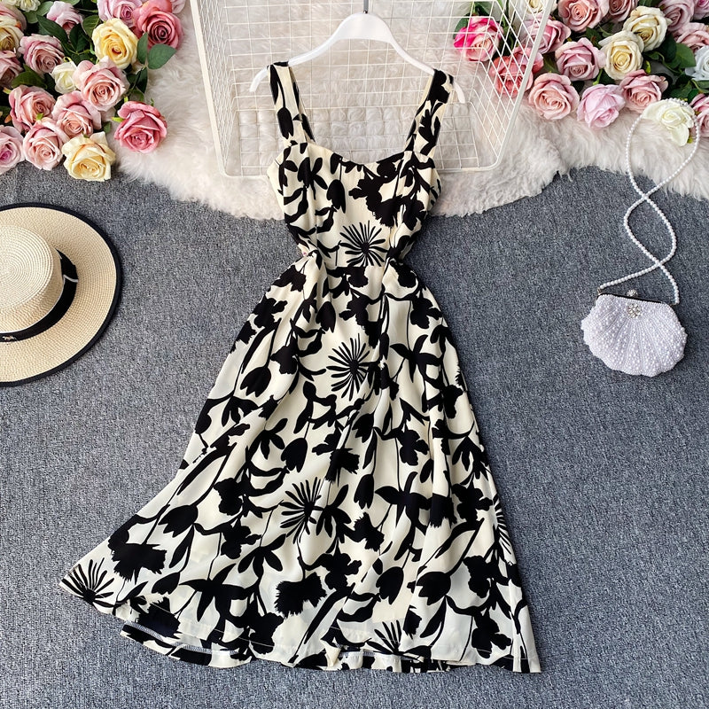 Robe à bretelles slim à taille carrée et imprimé rétro de minorités françaises 3138