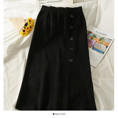 Korean retro breasted medium and long split Knit Skirt  2598