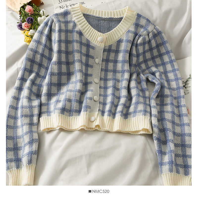 Chemise courte ample en tricot à carreaux rétro coréen pour femme 1815