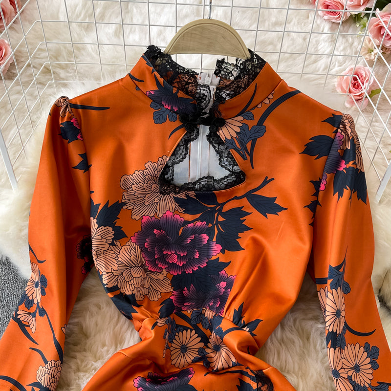 Robe à col montant en dentelle cheongsam fendue 3244