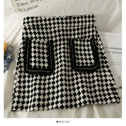 Korean retro color blocking Plaid high waist slim and versatile A-line skirt  2629