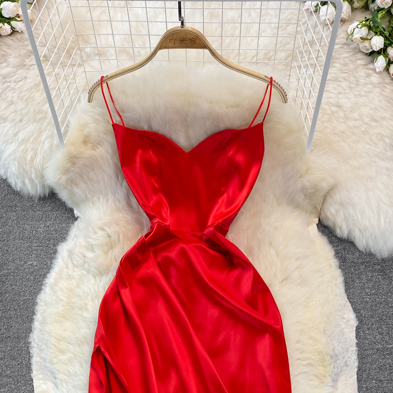 Robe à bretelles à col en V, mode mi-longue fendue, sac banane 3129