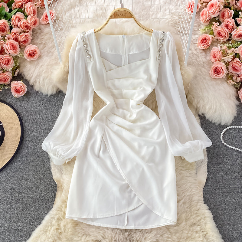 Robe à col carré à manches bouffantes de style rétro français coréen 2844
