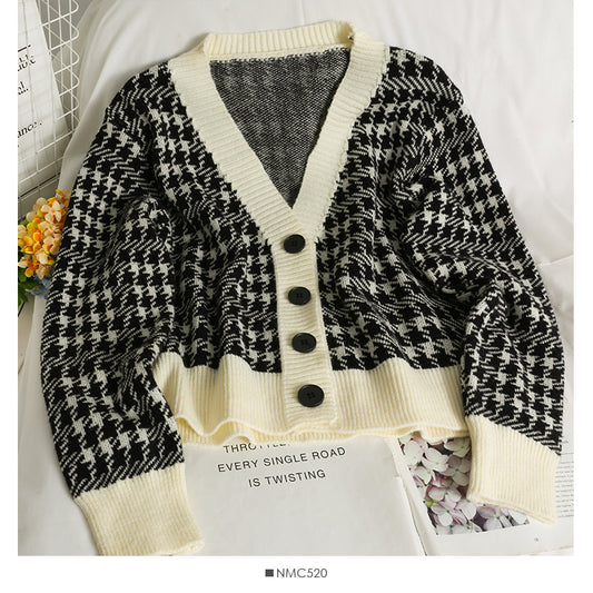 Pull cardigan à boutonnage simple et manches longues à carreaux patchwork 1911