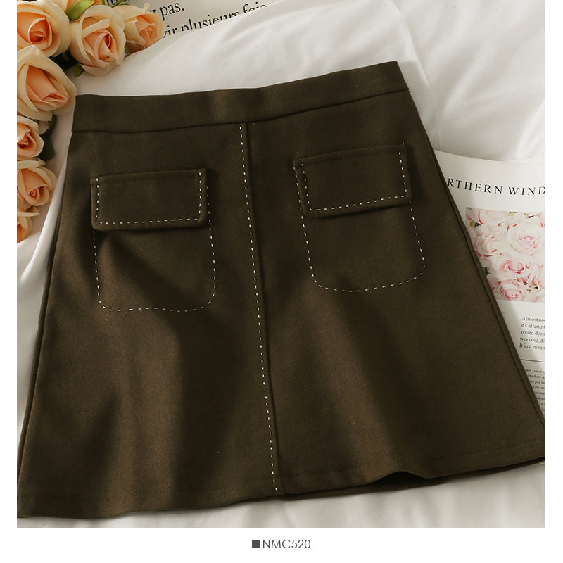 Simple and versatile open line high waist slim A-line skirt  2605
