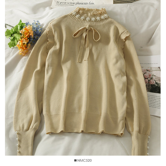 Pull col montant avec nœud papillon et perles Sweet Wind 1822