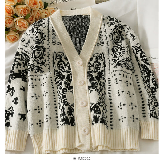 Cardigan à simple boutonnage imprimé vintage pull ample pour femme nouveau pull polyvalent à manches longues et col en V mode 2031