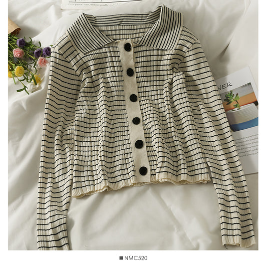 Haut cardigan coréen à rayures verticales et revers à manches longues et boutonnage simple 2043