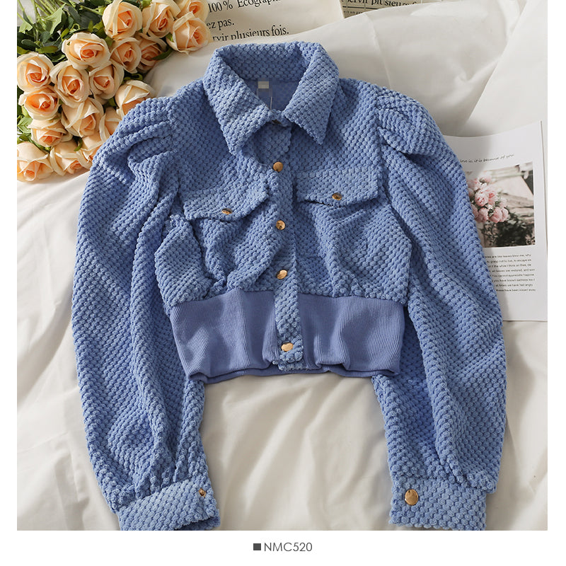 Korean short single breasted cardigan Lapel slim fit versatile long sleeved top fashion  2107