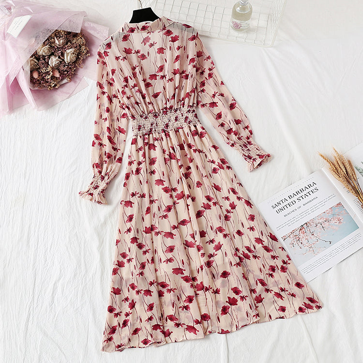 Suit collar French retro fairy super xiansen broken flower chiffon long skirt  2358
