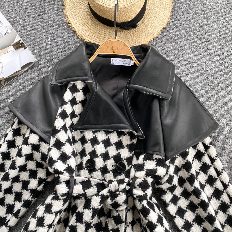 Diamond stitching contrast coat women's waist lace up design feeling high waist and thin  1487