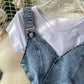 Irregular ruffled fishtail strap skirt denim dress two piece set  3064