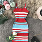 Robe cache-coeur en tricot à bretelles et rayures colorées 3278