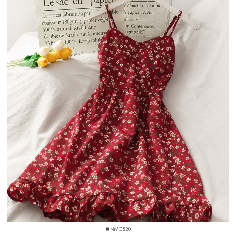Hong Kong style retro floral high waist suspender skirt  2678