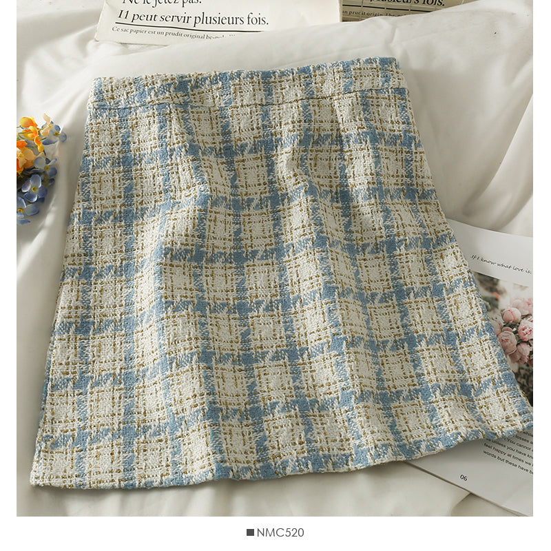 Jupe taille haute en tweed rétro de style Hong Kong pour femme 2548