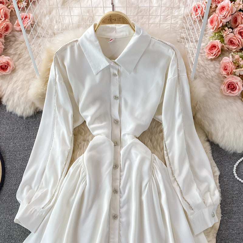 Robe chemise trapèze à manches longues et taille bouffante 3356